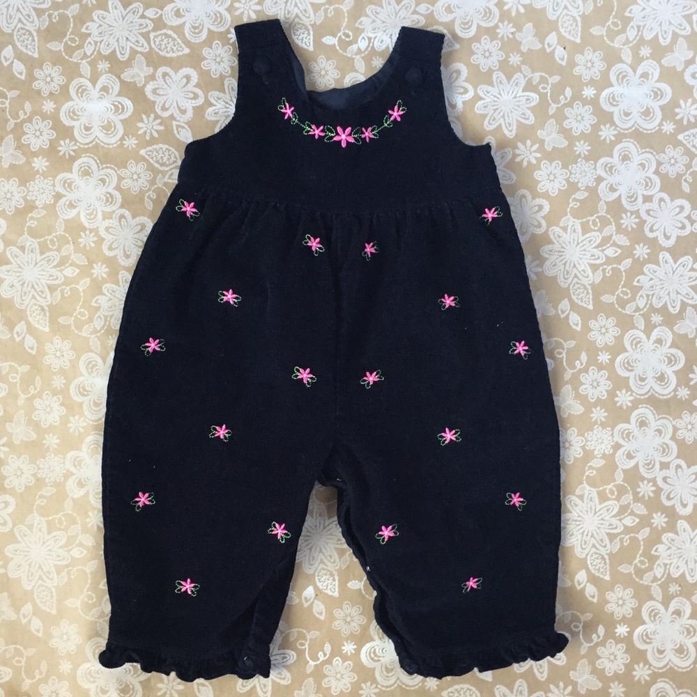 Girls Black Corduroy Fancy Romper has Pink Flowers